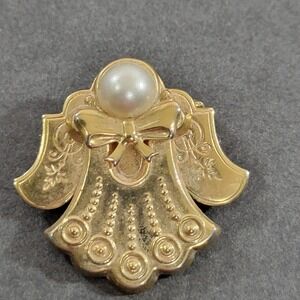 Vintage Angel Brooch Faux Pearl Gold Tone 1" Inscribed Novelty Christmas Emboss